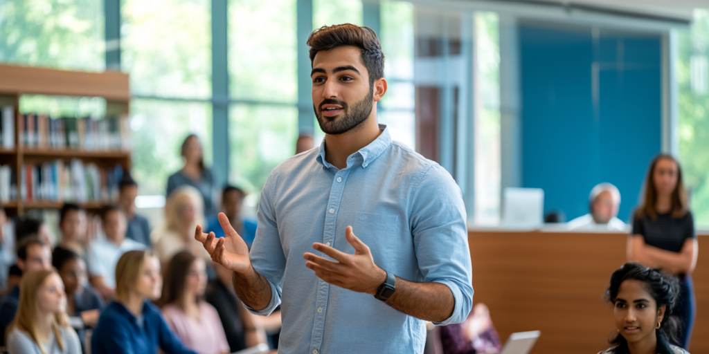 Young man in light blue shirt speaking and presenting
